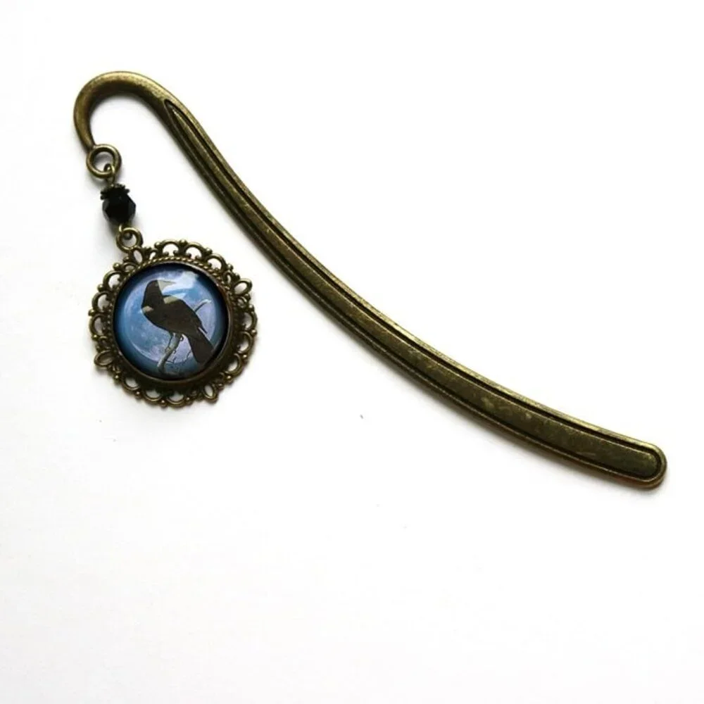 Raven Bookmark - Antique Bronze Glass Cabochon - Vintage Crow‎ Book Hook